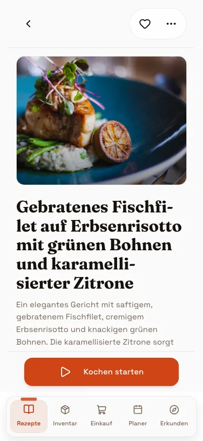 Die Funktion „Gericht nachkochen“ in PandaChef mit einem hochgeladenen Foto von gebratenem Fisch auf Risotto