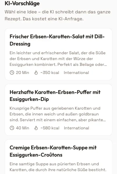 Drei Rezeptvorschläge in PandaChef, passend zu Erbsen, Karotten und Essiggurken aus dem Vorrat