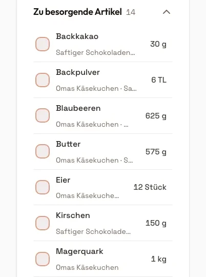 Einkaufsliste in PandaChef: Backpulver und Blaubeeren aus drei Rezepten zu je einem Eintrag zusammengerechnet
